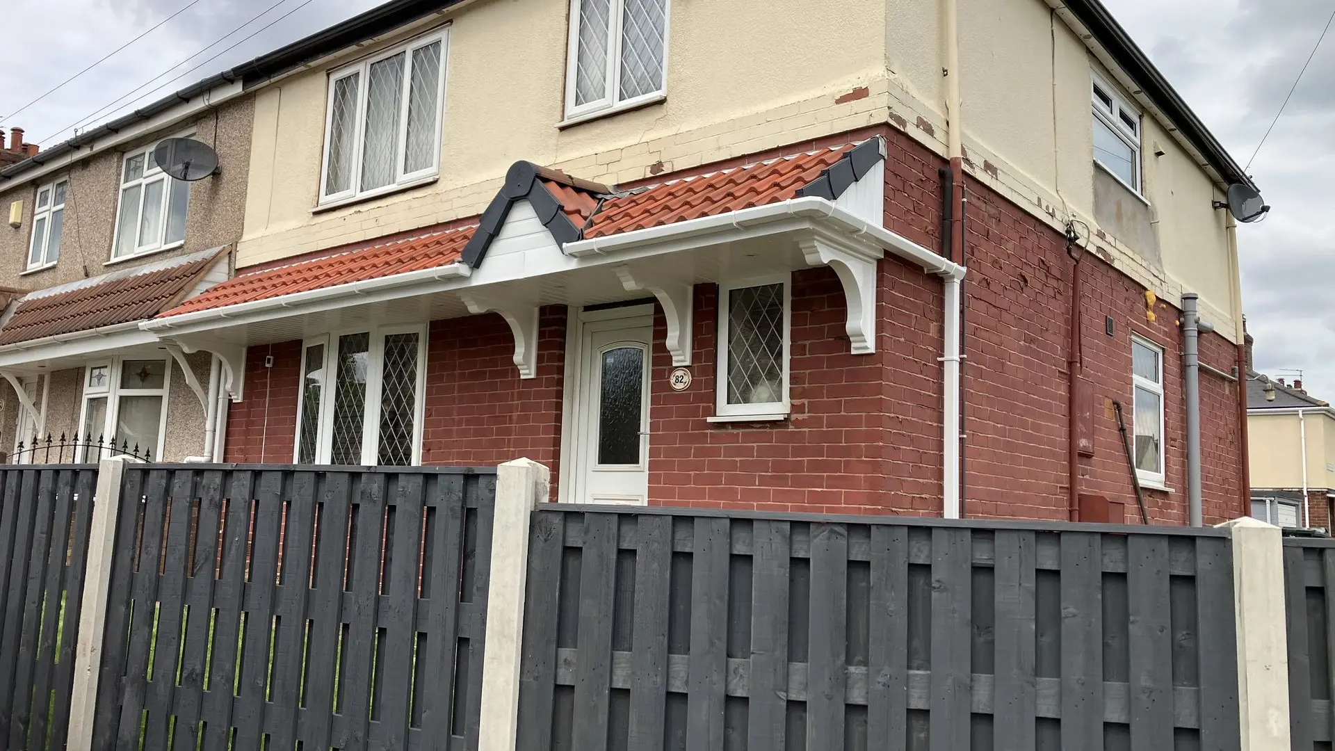 6.9m Apex Door Canopy Installation with Red Tiles and White Gutter ...